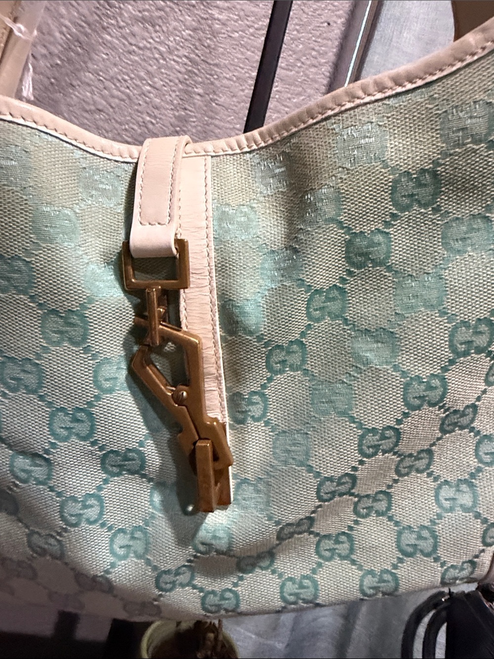 Gucci Pale Blue Monogram Shoulder Bag with Cream Trim